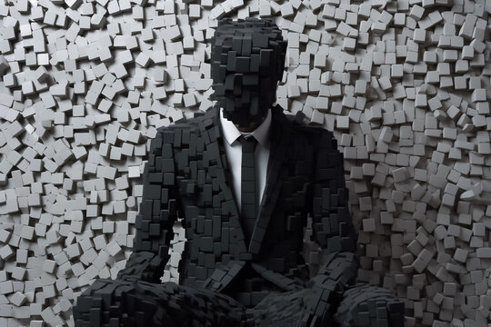 a man fragmented into cube-like pieces, forming a mosaic that represents feelings of confusion, suspicion, pressure, and depression experienced. Generative AI.