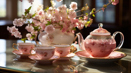 Bed set for afternoon tea with pastel pink, blue, yellow and green tea set. Tea party, Generative AI