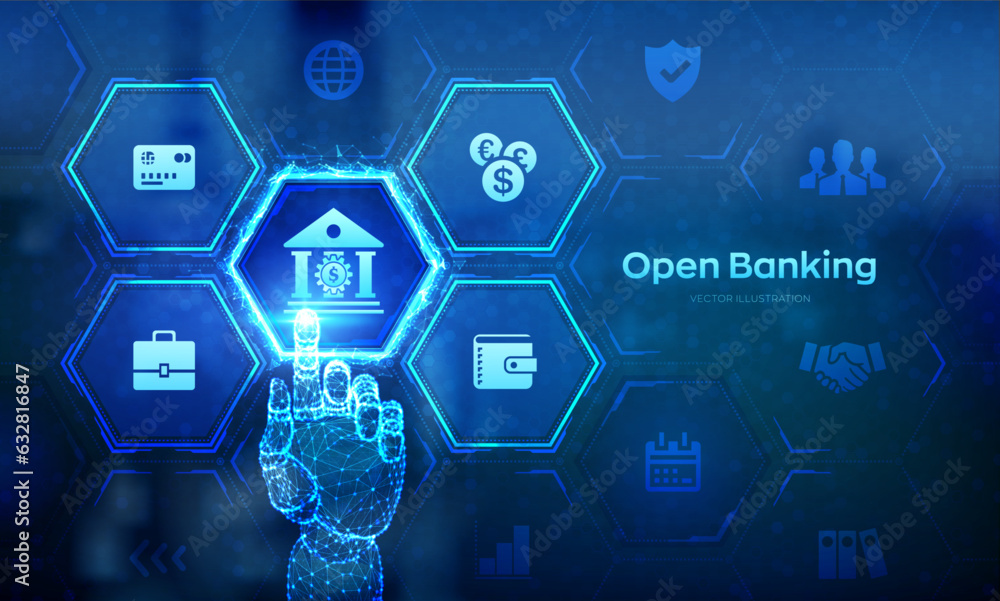 Poster open banking. banking service. api financial technology. fintech business concept on virtual screen.