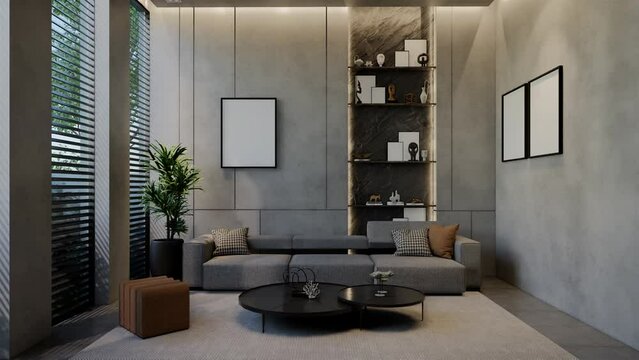 Modern living room 3D animation, contemporary interior design with natural tones on rooms, walls, floors and ceilings. 3D rendering illustration