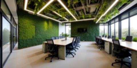 Blurred sustainable green office interior, future sustainable business. Zero carbon, Carbon Neutrality, and Net zero emissions concept.