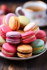 Fototapeta na wymiar Close-up of macarons cakes of different colors . Culinary and cooking concept. Generative AI
