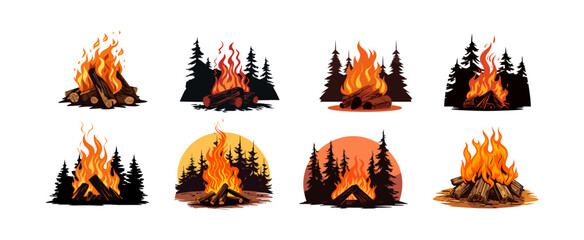 Camp fire graphic design collection. Set of travel adventure campfir outdoors symbol vector illustration © abcvector