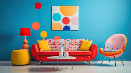 loveseat sofa and side tables against colorful circle patterned wall. The mid-century interior design of the modern living room. Generative AI 