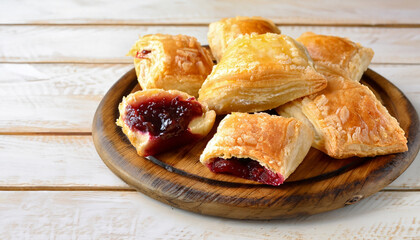 Msemmen - traditional Moroccan puff pastries with plum jam on a light wooden table.