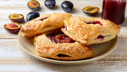 Msemmen - traditional Moroccan puff pastries with plum jam on a light wooden table.