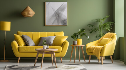 modern living room with furniture, Chair and table in green living room interior with small of leaves wallpaper. Real photo