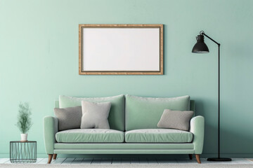 A beautiful green sofa with a blank picture frame on the wall. (Generative AI)