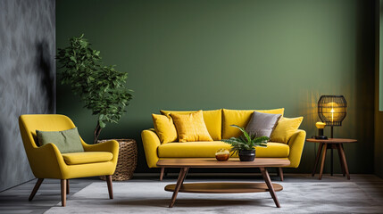 modern living room with furniture, Chair and table in green living room interior with small of leaves wallpaper. Real photo