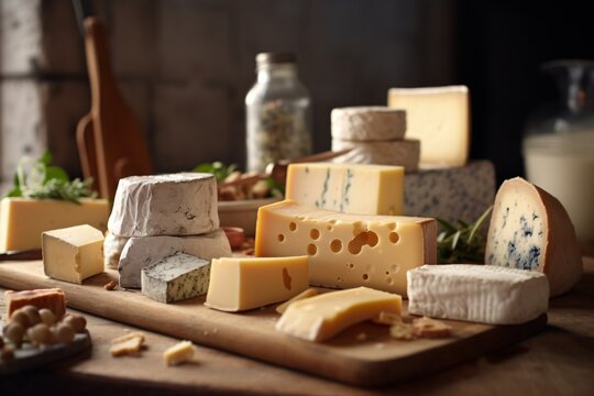 Assortment of cheese on wooden table, closeup. Dairy products. Cheese Selection. Large assortment of international cheese specialities.