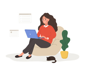 Fototapeta na wymiar Female entrepreneur. Successful woman sits with laptop and solves work issues. Modern office worker or business expert. Vector illustration in flat cartoon style.