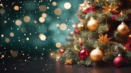 Obraz na płótnie Canvas decorated Christmas tree with blurred snow background.