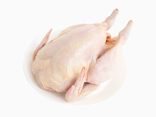 Whole raw chicken on dish isolated on white background.