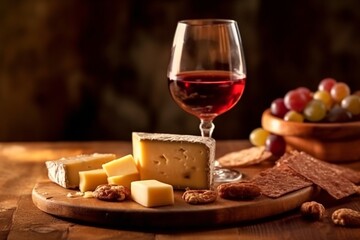 Obraz na płótnie Canvas Glass of red wine with cheese, grapes and cookies on wooden background. Cheese platter with organic cheeses, fruits, nuts and wine on wooden background. 
