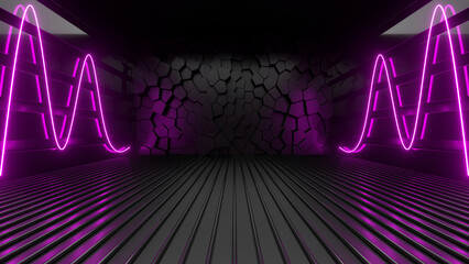 Fototapeta premium Sci Fy neon glowing lines in a dark tunnel. Reflections on the floor and ceiling. 3d rendering image. Abstract glowing lines. Techology futuristic background.