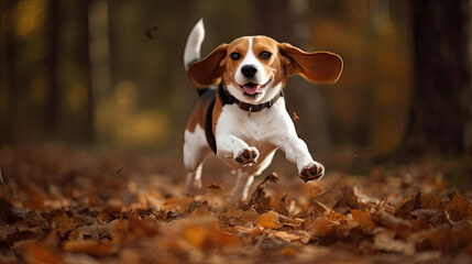 Dog Beagle jump over the leaves autumn mood