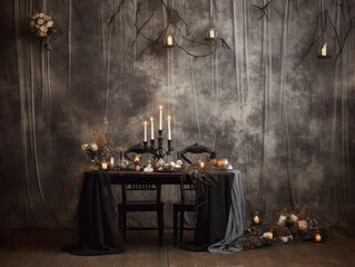 empty black wooden table absorbs the enigmatic Halloween