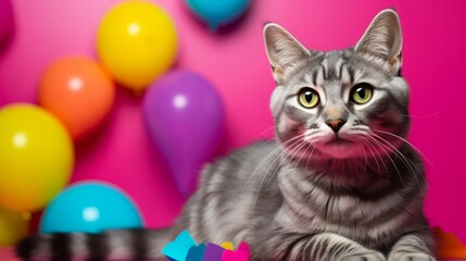 Photo of a gray cat sitting in front of a bunch of balloons created with Generative AI technology