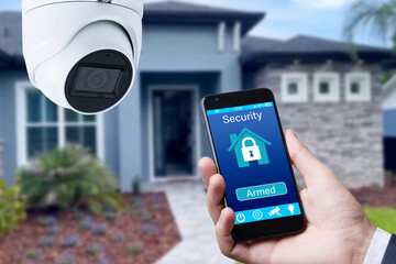 Security camera and smart home app, private house on the background.