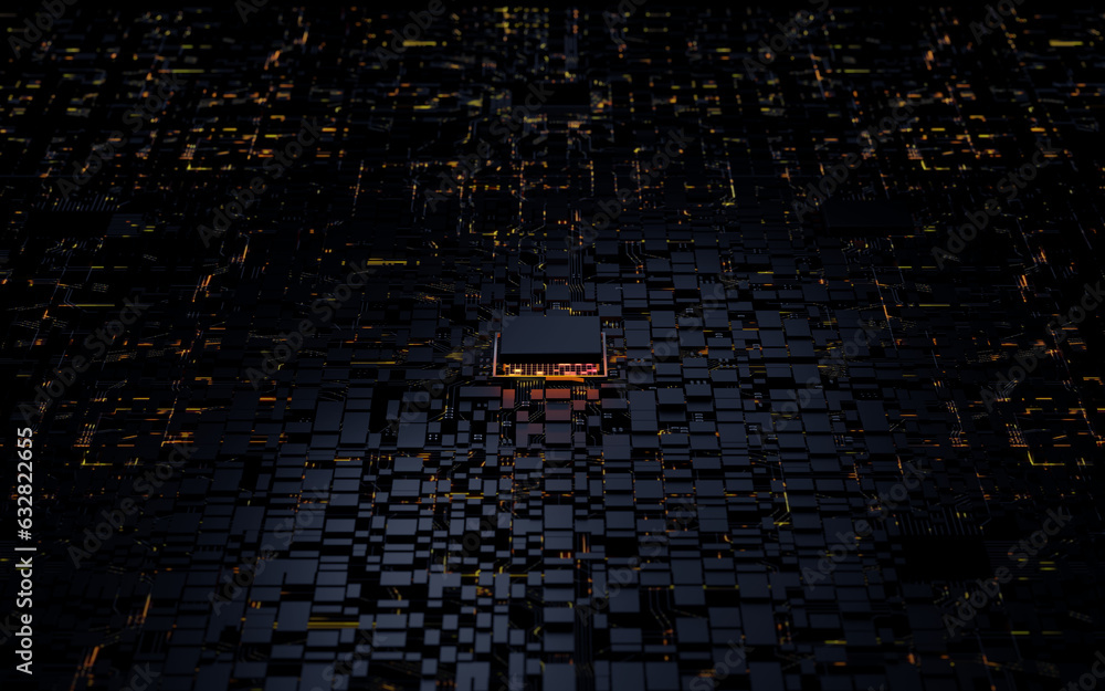 Poster 3D rendering microprocessor CPU chipset central processor unit on the illumination circuit computer mainboard. Cyber and futuristic concept, hardware, AI, electronics and technology, with copy space
