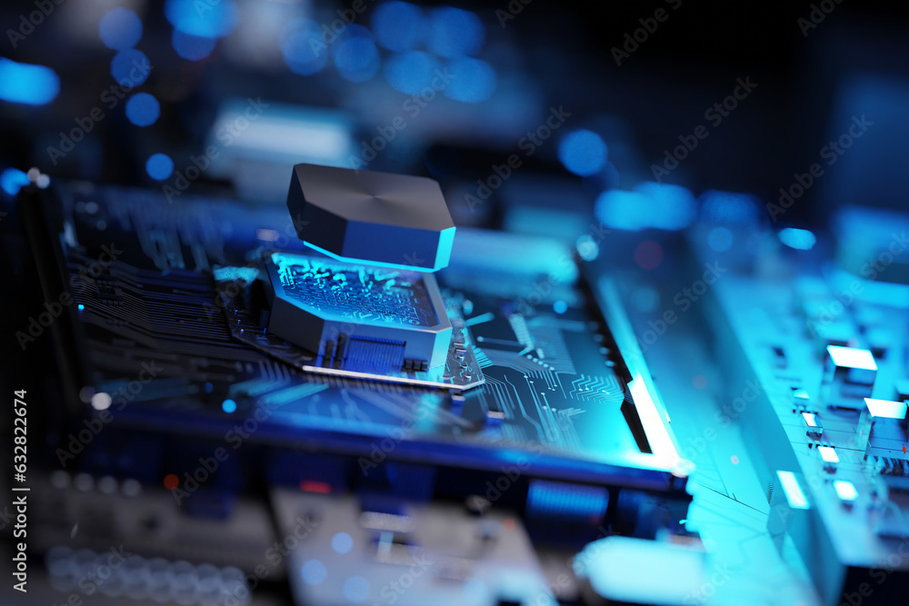 Poster 3d rendering. cpu central computer processors cyber technology concept. motherboard and digital chip