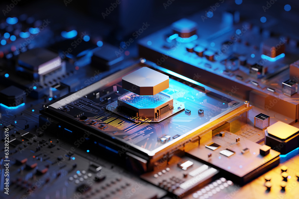 Poster 3d rendering. cpu central computer processors cyber technology concept. motherboard and digital chip