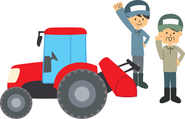 トラクターとガッツポーズした農家