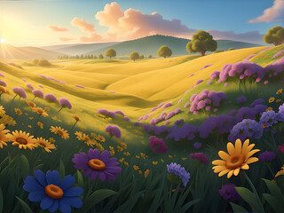 sunlit meadow with colorful flowers, introducing the setting of the story.
