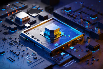 3D Rendering. CPU Central Computer Processors Cyber technology concept. Motherboard and digital chipset.  Science technology background. Integrated Mainboard communication processor
