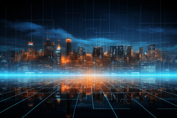 Futuristic Business: Digital City Skyline with Flowing Economic Data Streams