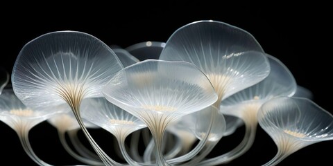 Abstract close-up illustration of a glowing mushroom in an extraterrestrial environment, against a black backdrop with futuristic design elements