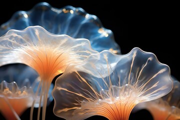A mesmerizing abstract composition of illuminated microscopic beauty in a dark backdrop. Intricate patterns of glowing flora, fungi, and sea life - obrazy, fototapety, plakaty