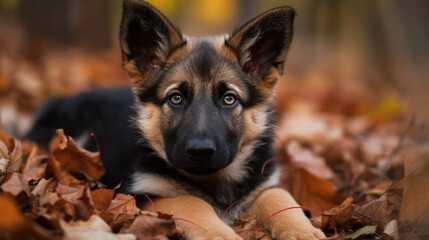 German Shepherd puppy in autumn leaves