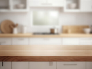 Obraz na płótnie Canvas Empty Beautiful wood table top and blur bokeh modern kitchen interior background. ai generated