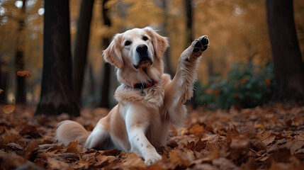 Golden Retriever lying on leaves and lifts paws up