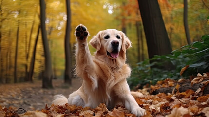 Golden Retriever lying on leaves and lifts paws up