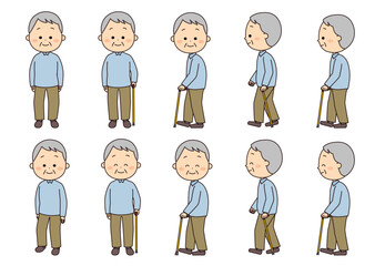 杖を使うかわいいおじいさんのセット