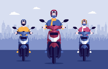 Group of People Riding a Motor Bike Flat Design Vector Illustration