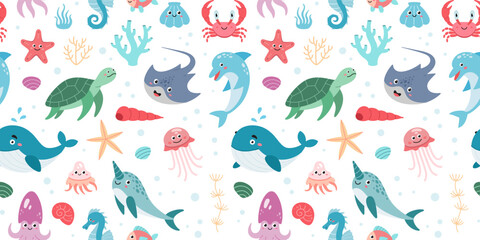 Hand drawn ocean creatures seamless pattern. Cartoon Sea animals. Vector doodle style sea animals for design. Vector illustration isolated on white background. Sea life pattern.