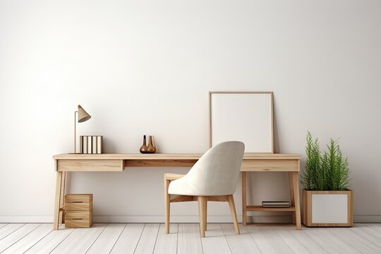 Modern home office with wooden desk and office chair against the white wall. The Scandinavian interior design of a modern living room with a comfortable workplace. Generative AI