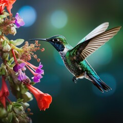 Obraz premium blue and green hummingbird getting nectar from a flower - created using generative AI tools