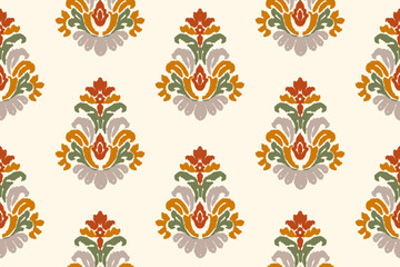 Ikat floral paisley embroidery on white background. Traditional ethnic ikat, aztec abstract vector pattern, seamless pattern in tribal, folk embroidery and mexican style.