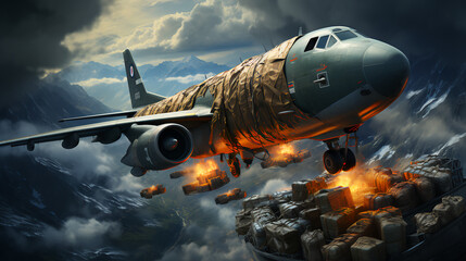 Obraz premium A military cargo plane flies at high speed and drops cargo. Air Force. AI generated
