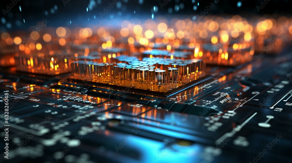 Poster computer futuristic high tech circuit board with microcircuits and electronic chips with transistors