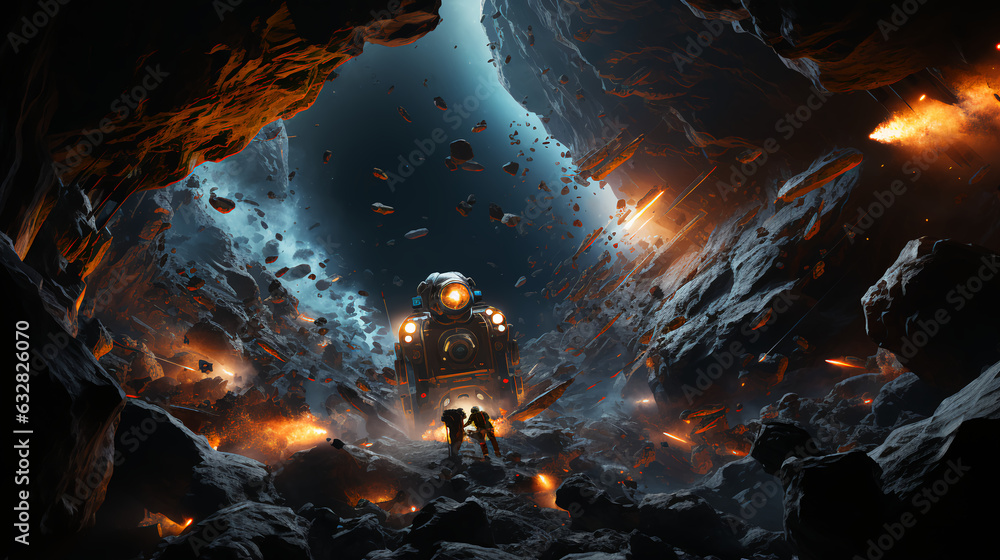 Aufkleber man astronaut in a space suit on the surface of an asteroid planet in outer space. ai generated