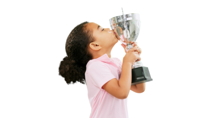 Celebration, win and girl child kissing trophy in winning or champion isolated on a transparent PNG background. Excited kid in success for sports achievement, victory or tournament award and prize