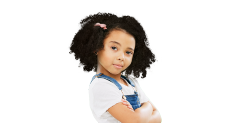 Eyebrow, attitude and portrait of child with crossed arms on isolated, png and transparent background. Confident, fashion and face of little kid smirk with cute outfit for childhood, emoji and style