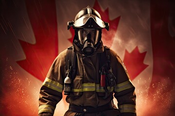 Fototapeta premium fireman in gear in front of a canadian flag - created using generative Ai tools