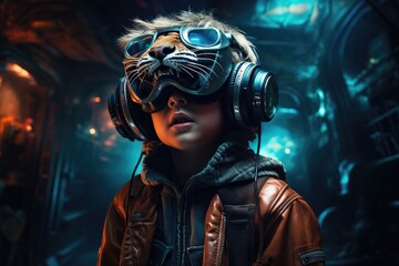 Boy wearing virtual reality headset and surreal dragon. VR goggles. Generative AI