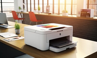 Photo of a printer on a wooden desk